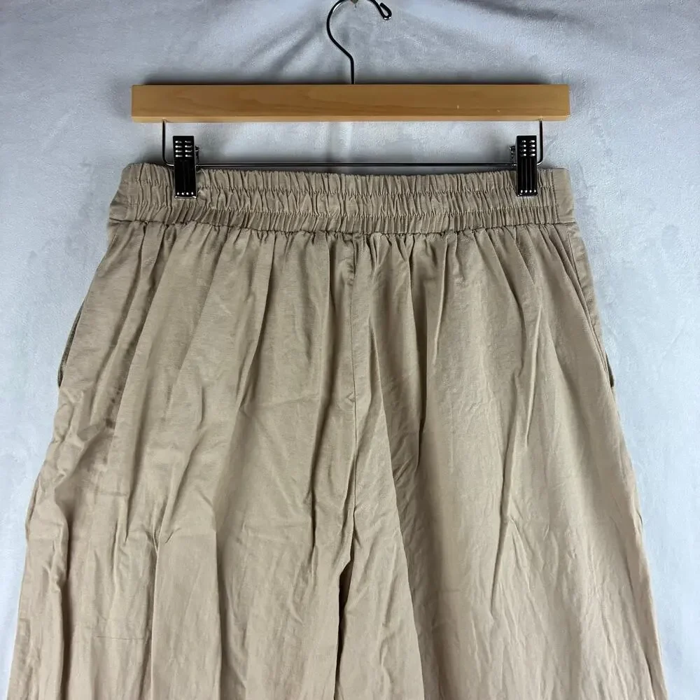New York & Company Wide Leg Crop Pants Women's Medium Beige Linen Minimalist